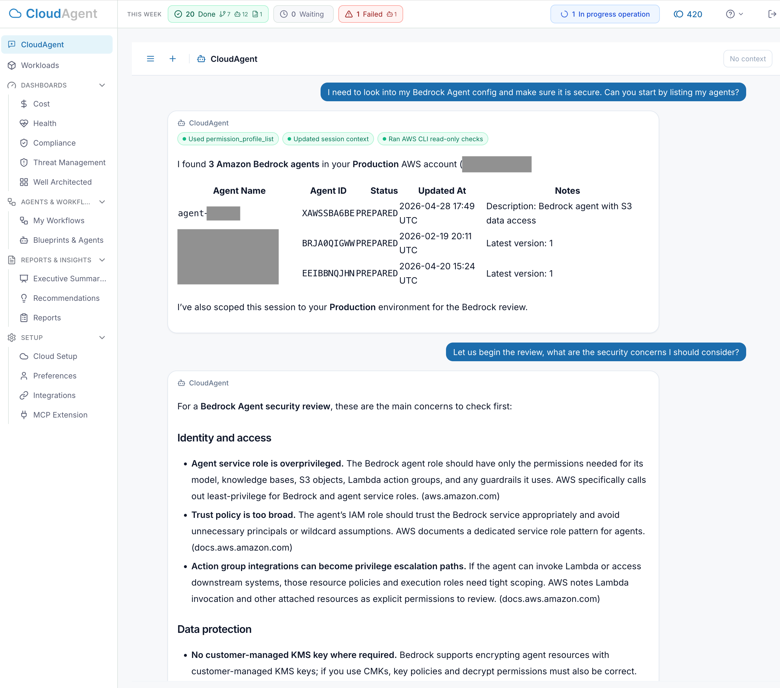 CloudAgent discovers Bedrock agents and starts a security review
