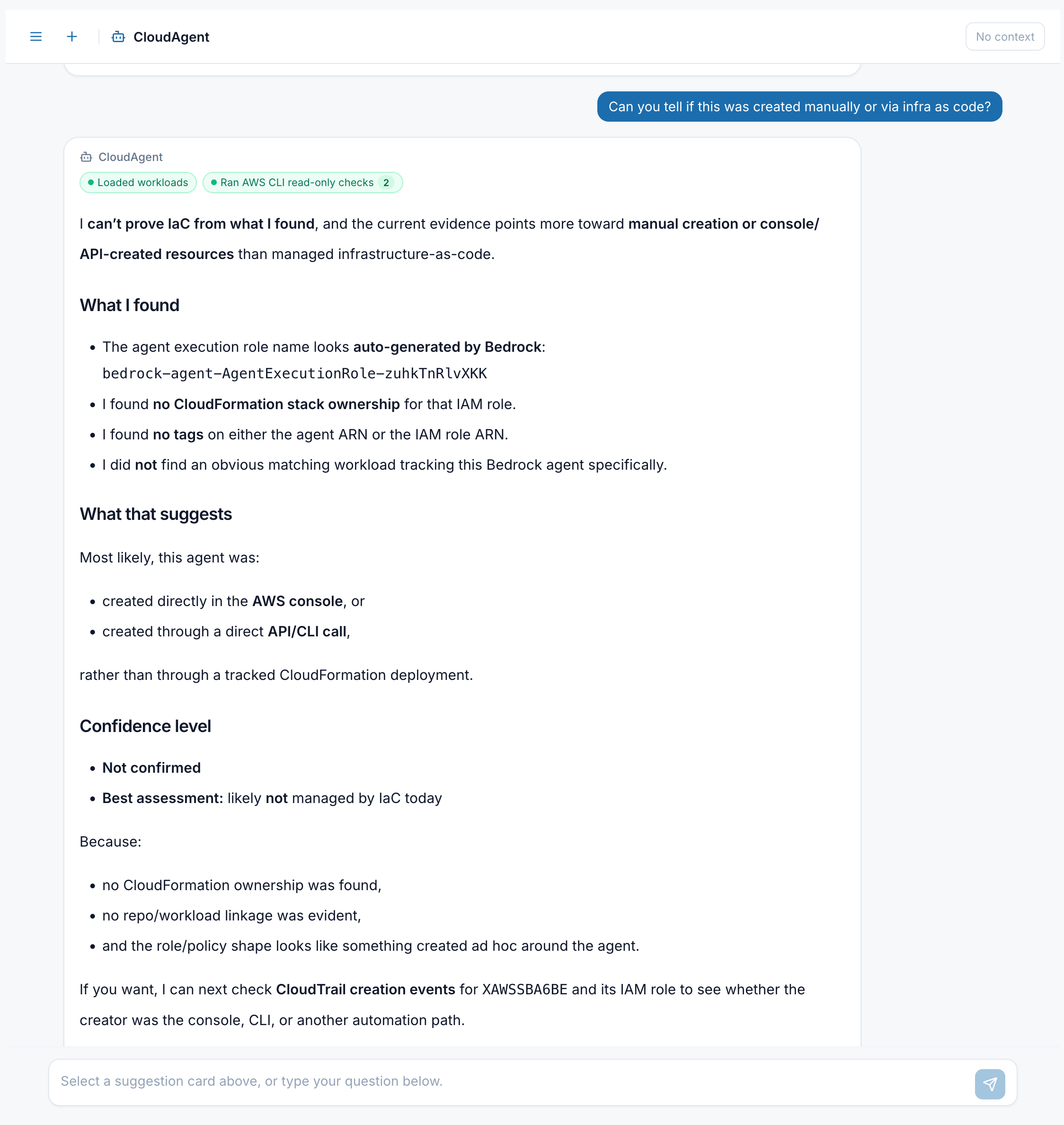 CloudAgent evaluates whether the Bedrock agent is managed by IaC