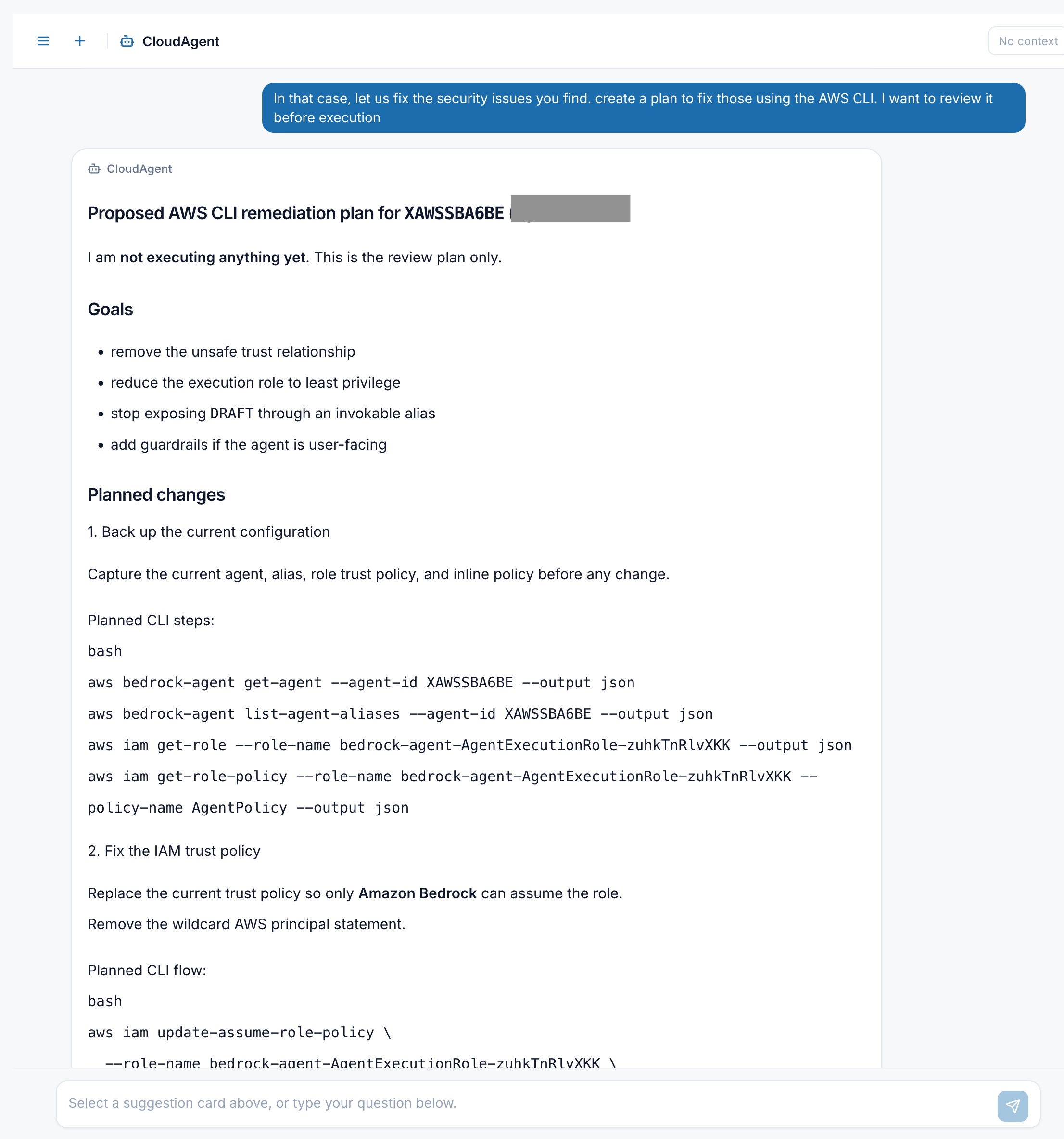 CloudAgent proposes an AWS CLI remediation plan before execution