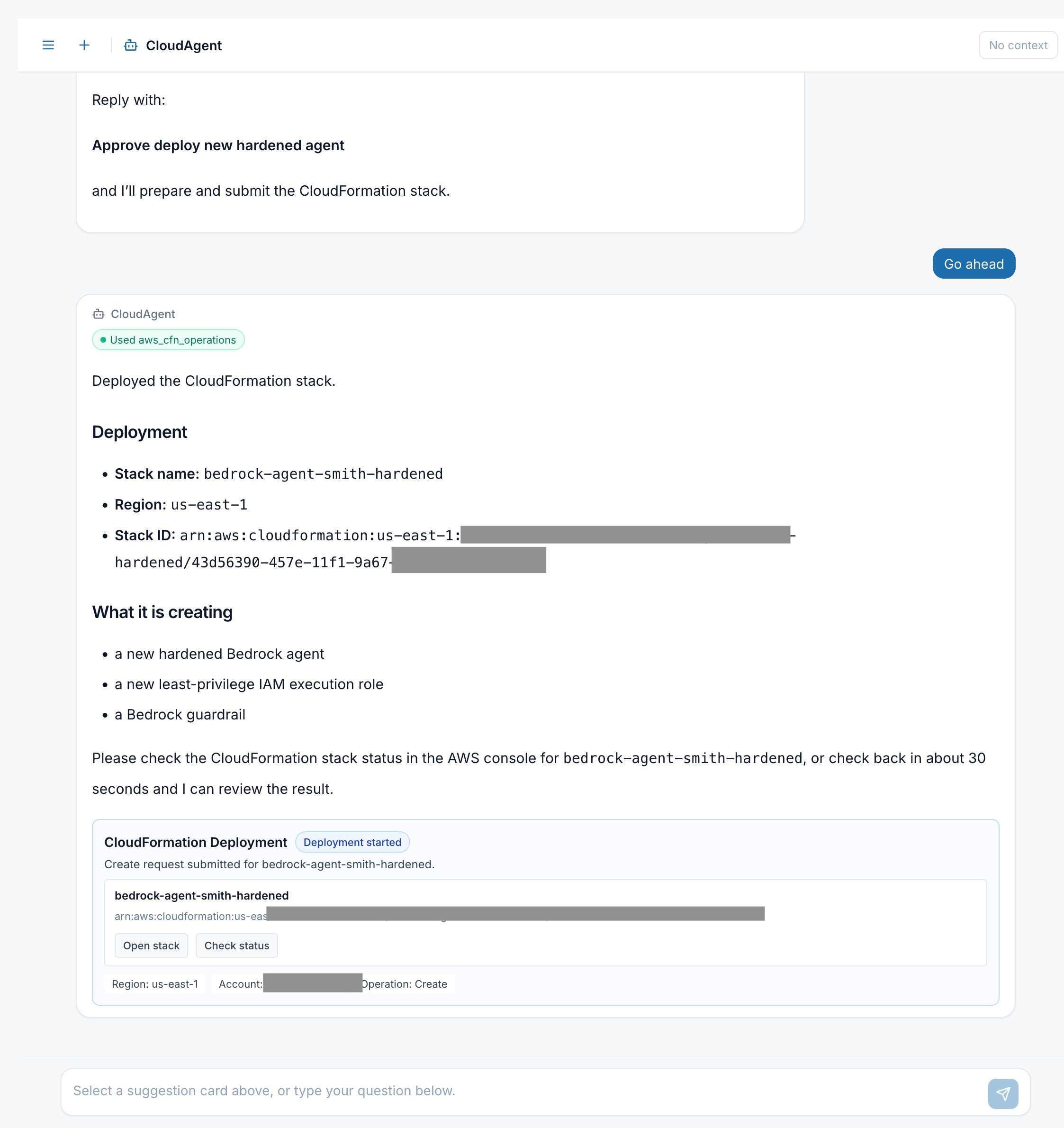 CloudAgent deploys a hardened Bedrock agent stack with CloudFormation