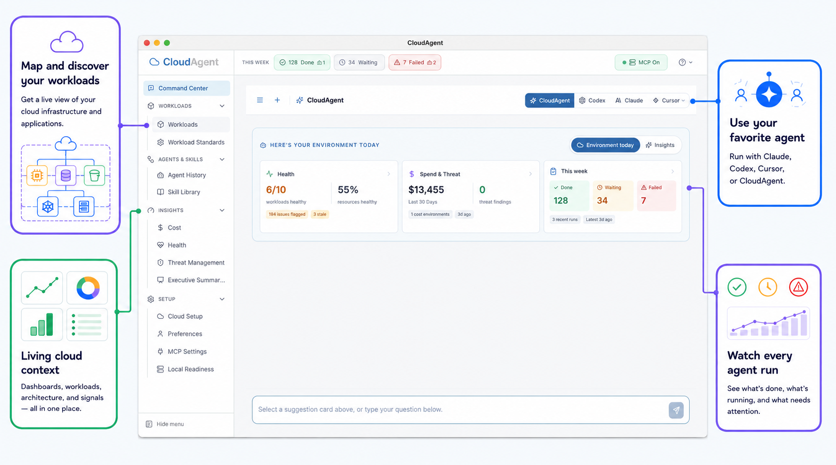 CloudAgent Console workspace showing cloud context, agent activity, and supported AI agents