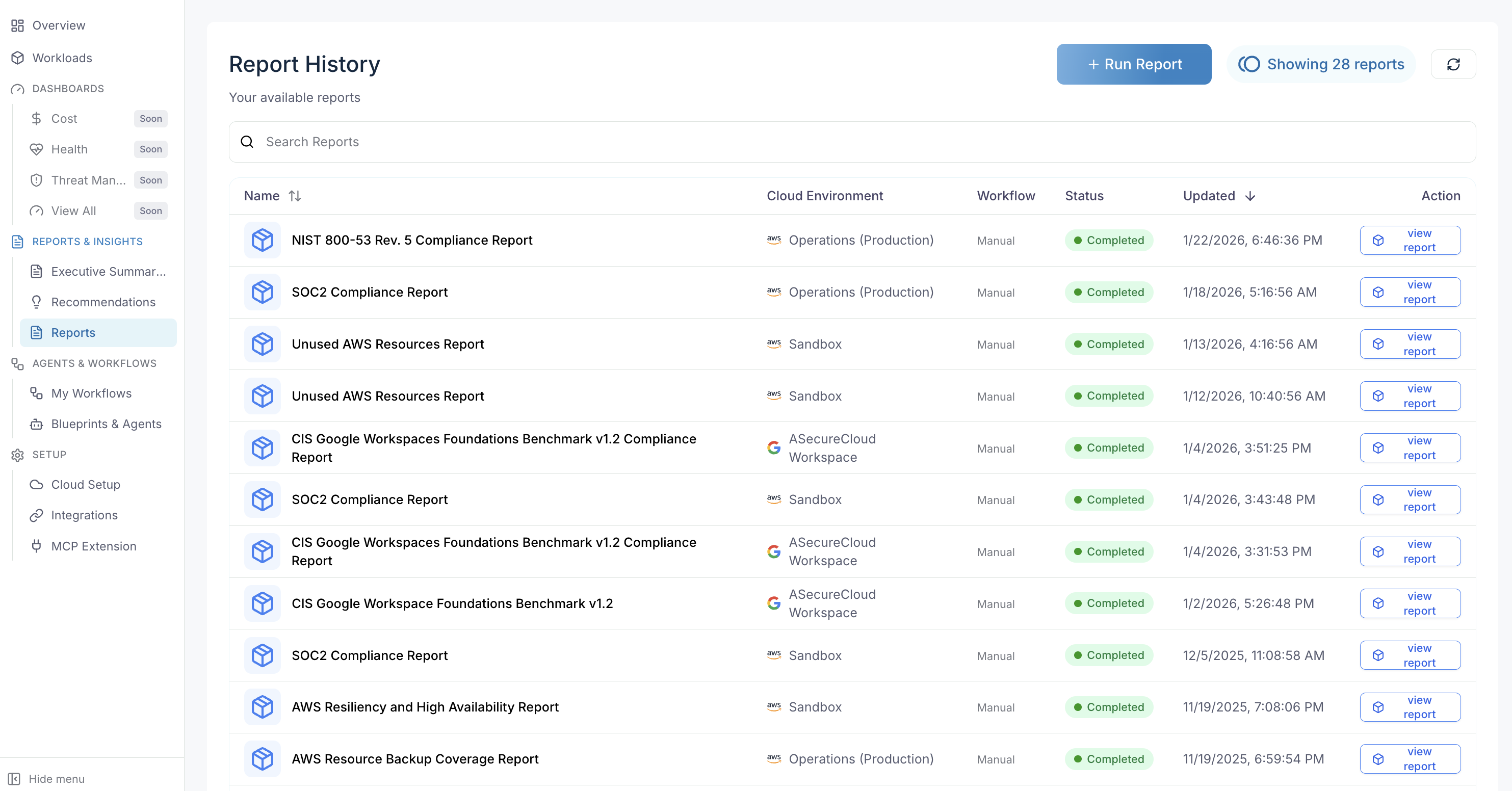 Compliance report selection interface
