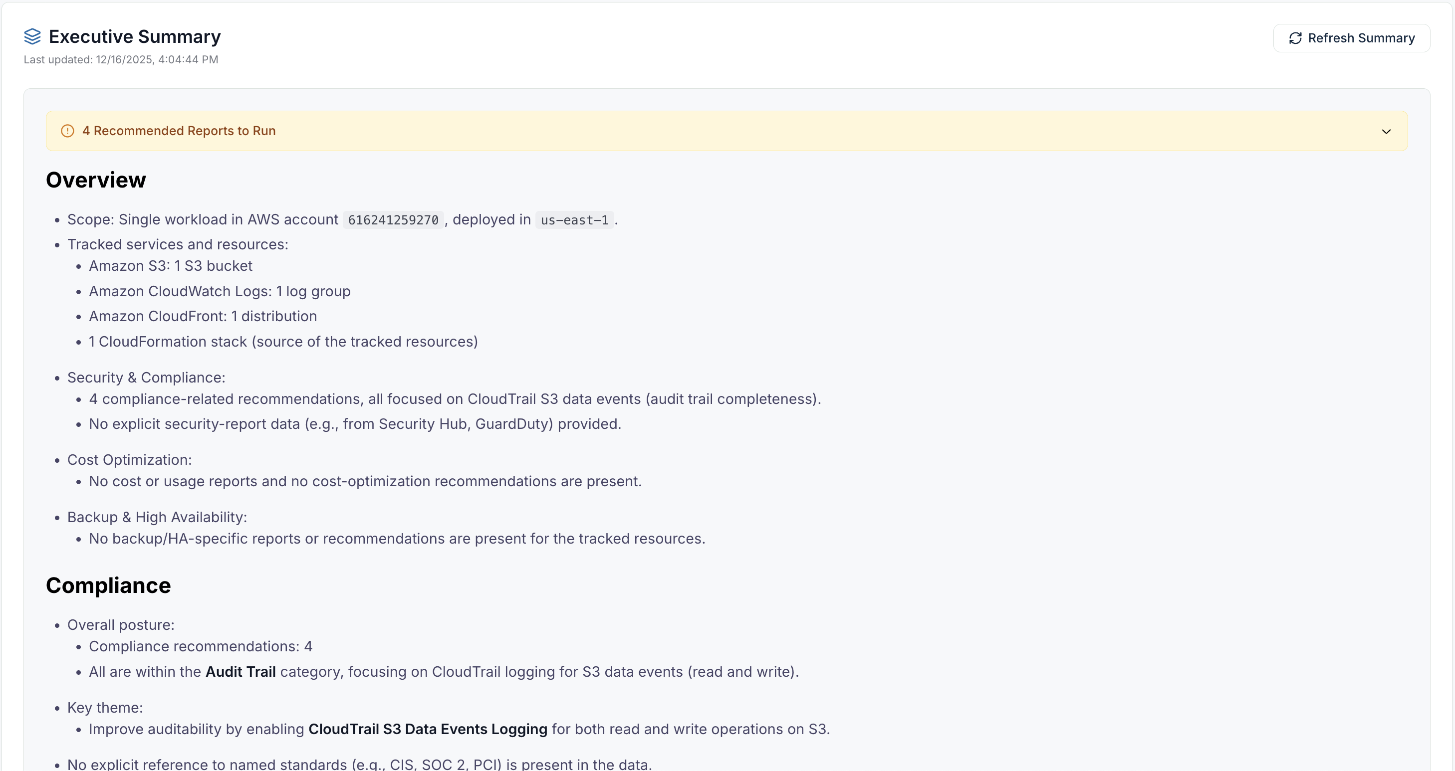 Executive summary view with insights and recommendations