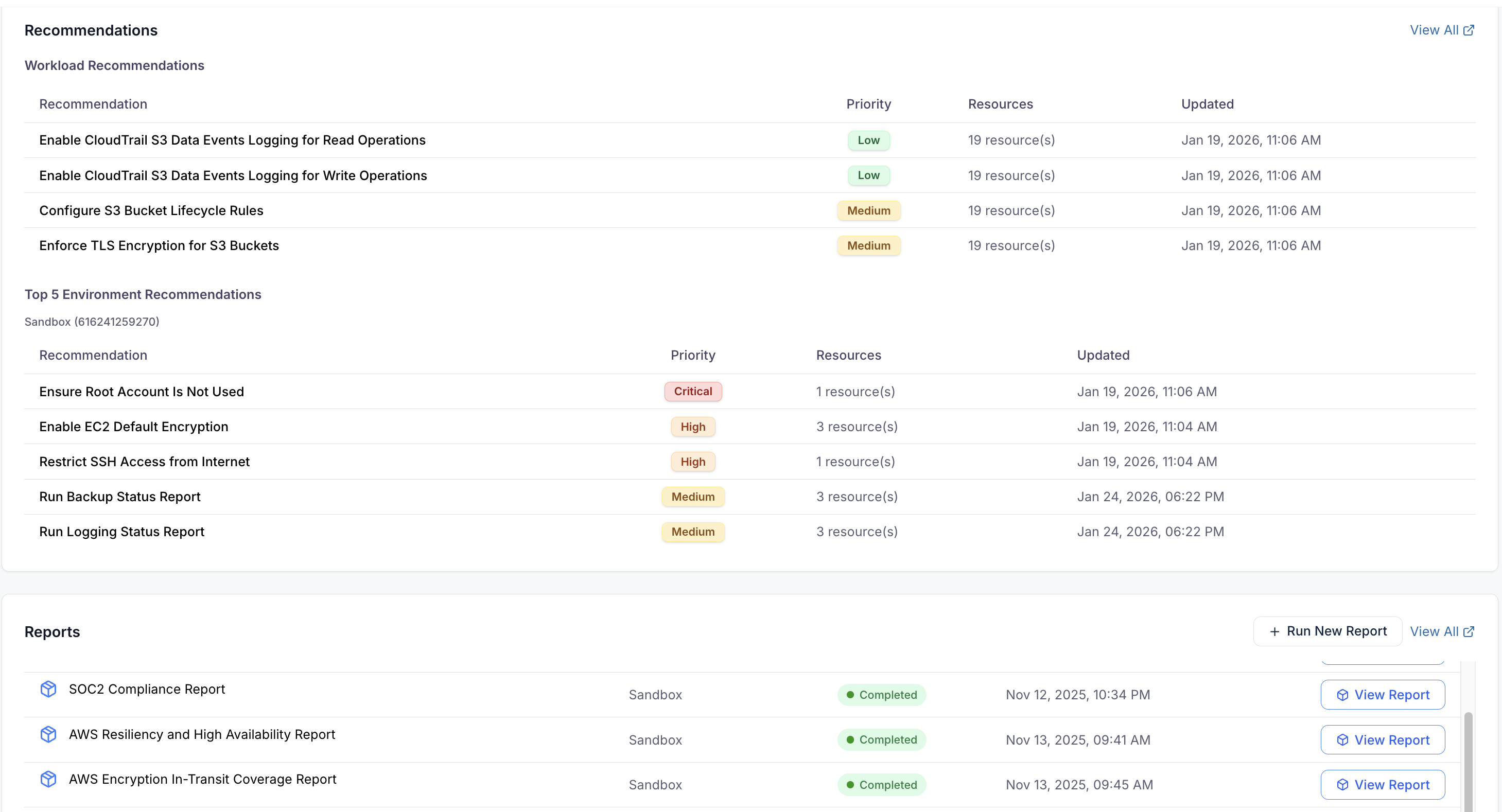 Reports dashboard with compliance and recommendation cards