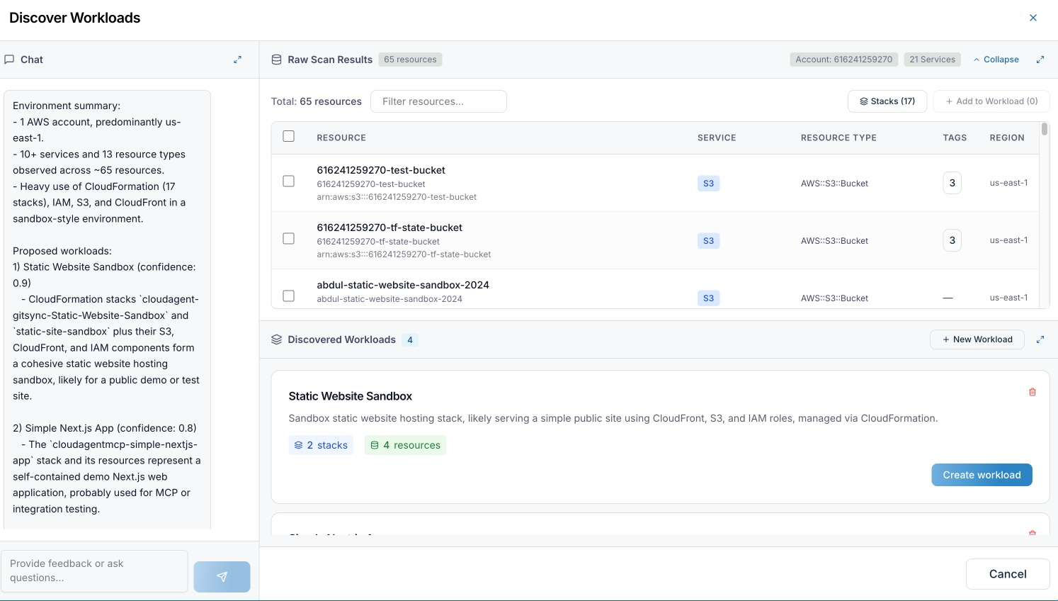 Discover Workloads modal with service and region selection