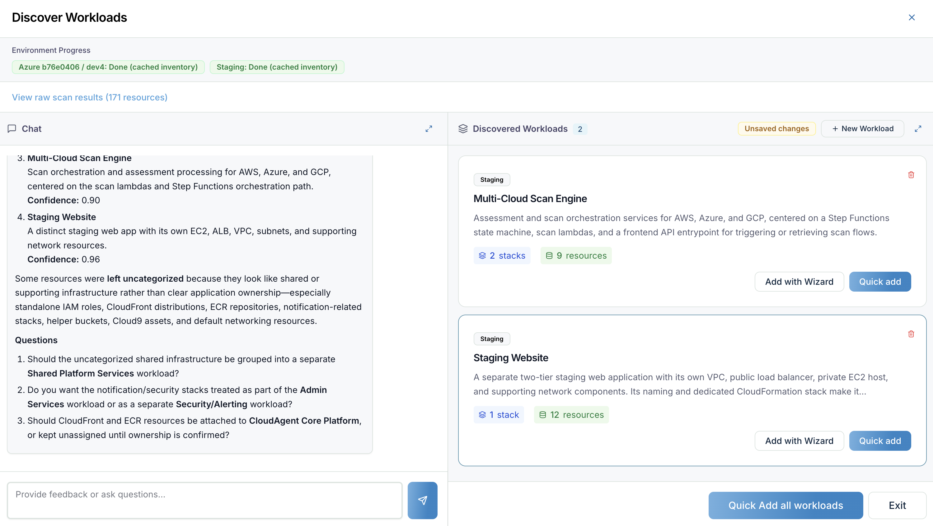 Discover Workloads modal with service and region selection